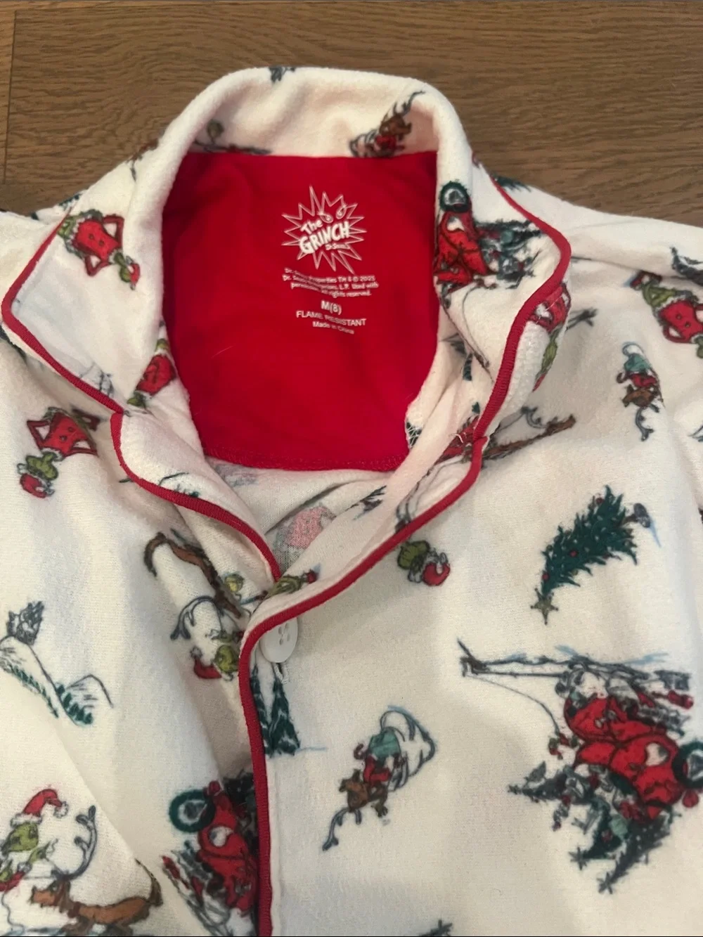 Kids White Holiday Ski-Print Pajama Set with Red Trim